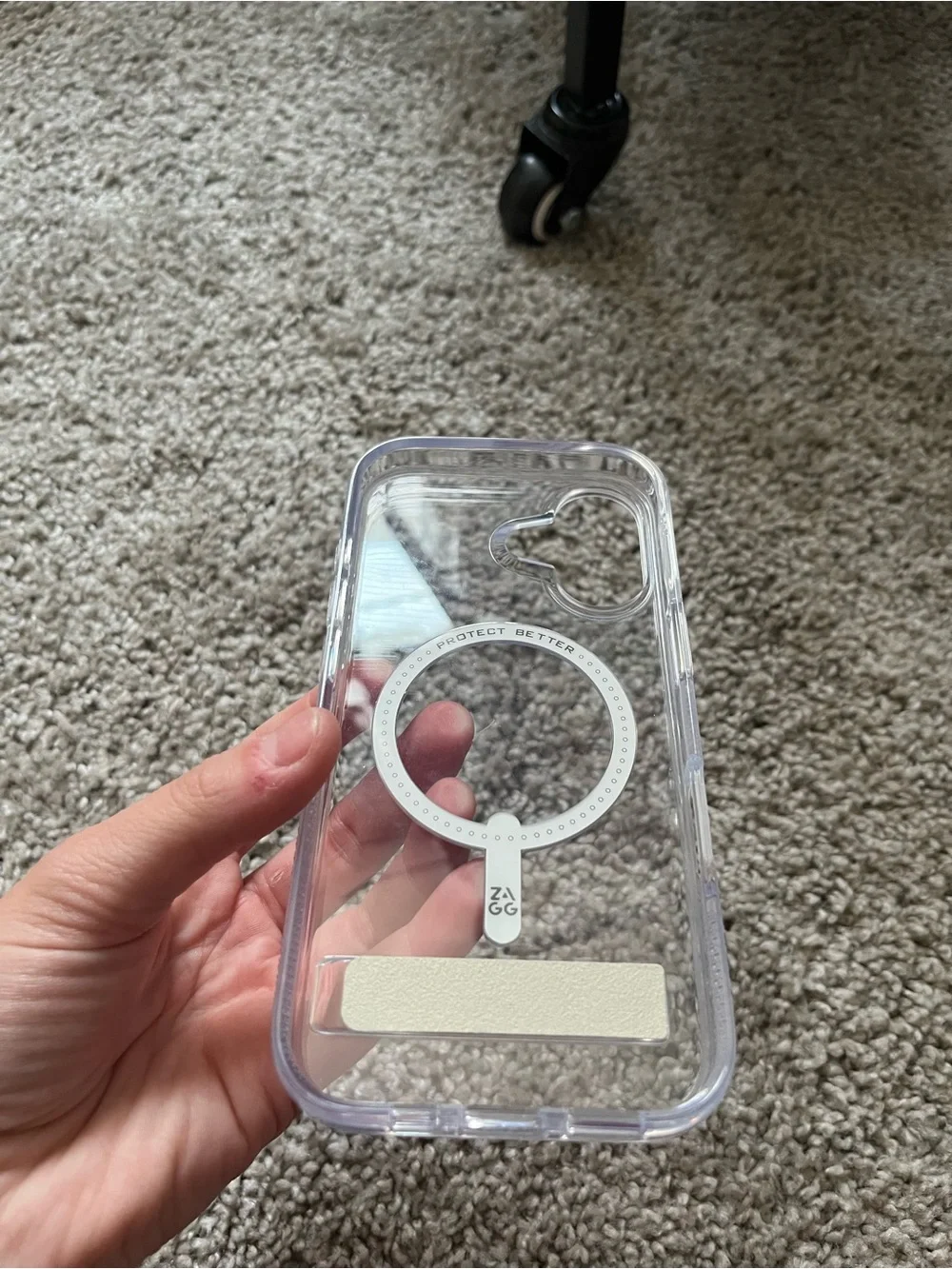 Clear MagSafe-Compatible Phone Case with White Ring and Silver Kickstand